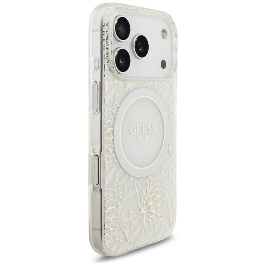 MagSafe tok Apple iPhone 17 Pro-hoz, Guess, IML Flowers Allover Electroplated with Pearl Strap, Fehér