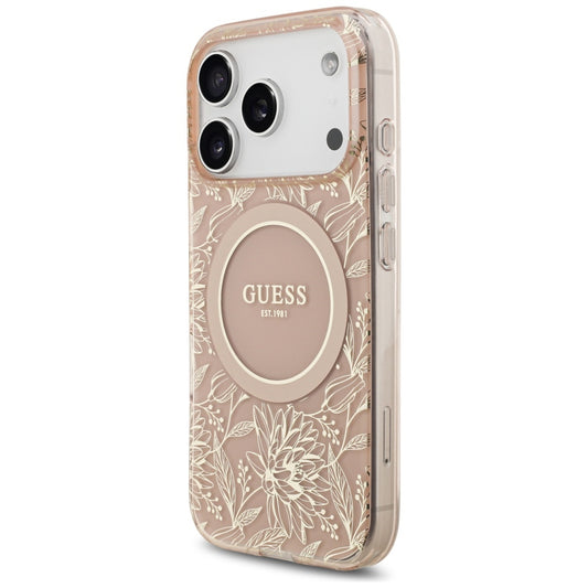 MagSafe tok Apple iPhone 17 Pro-hoz, Guess, IML Flowers Allover Electroplated with Pearl Strap, Rózsaszín