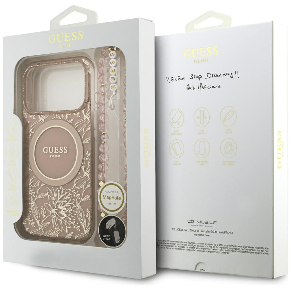 MagSafe Case for Apple iPhone 17 Pro, Guess, IML Flowers Allover Electroplated with Pearl Strap, Pink