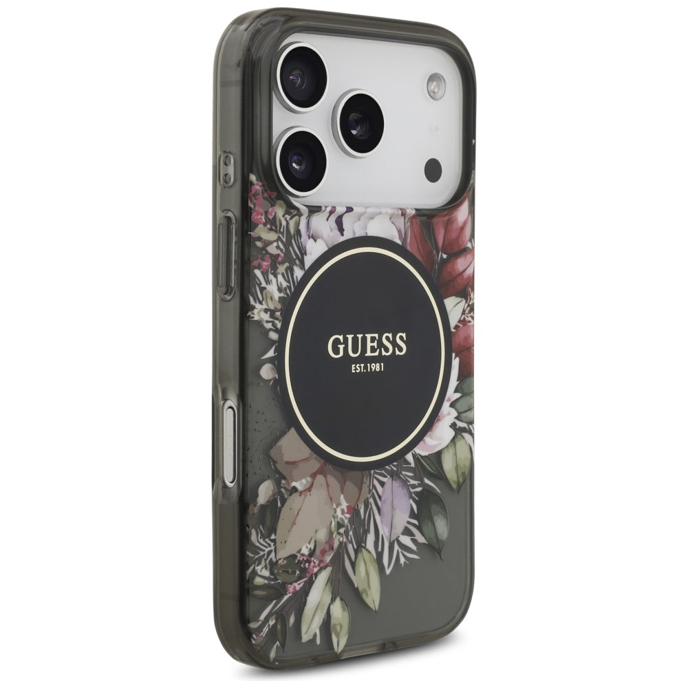 MagSafe Case for Apple iPhone 17 Pro, Guess, IML Flowers with Pearl Strap, Black