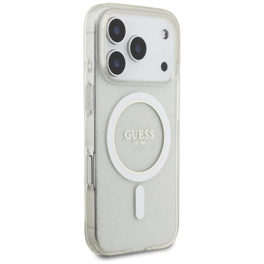 MagSafe Case for Apple iPhone 17 Pro, Guess, IML Glitter with Pearl Strap, Transparent
