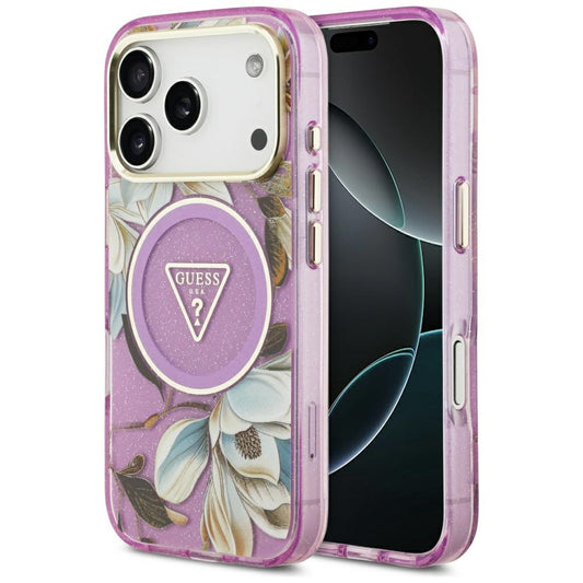 MagSafe tok Apple iPhone 17 Pro-hoz, Guess, IML Metal Glitter Flowers Triangle, Lila