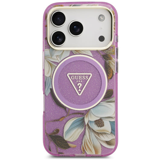 MagSafe tok Apple iPhone 17 Pro-hoz, Guess, IML Metal Glitter Flowers Triangle, Lila