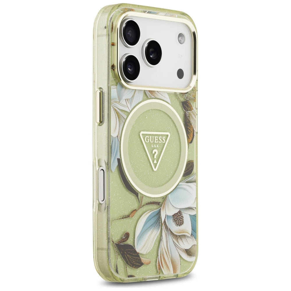 MagSafe tok Apple iPhone 17 Pro-hoz, Guess, IML Metal Glitter Flowers Triangle, Zöld