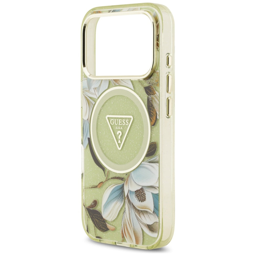 MagSafe tok Apple iPhone 17 Pro-hoz, Guess, IML Metal Glitter Flowers Triangle, Zöld