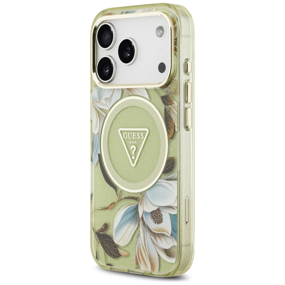 MagSafe tok Apple iPhone 17 Pro-hoz, Guess, IML Metal Glitter Flowers Triangle, Zöld