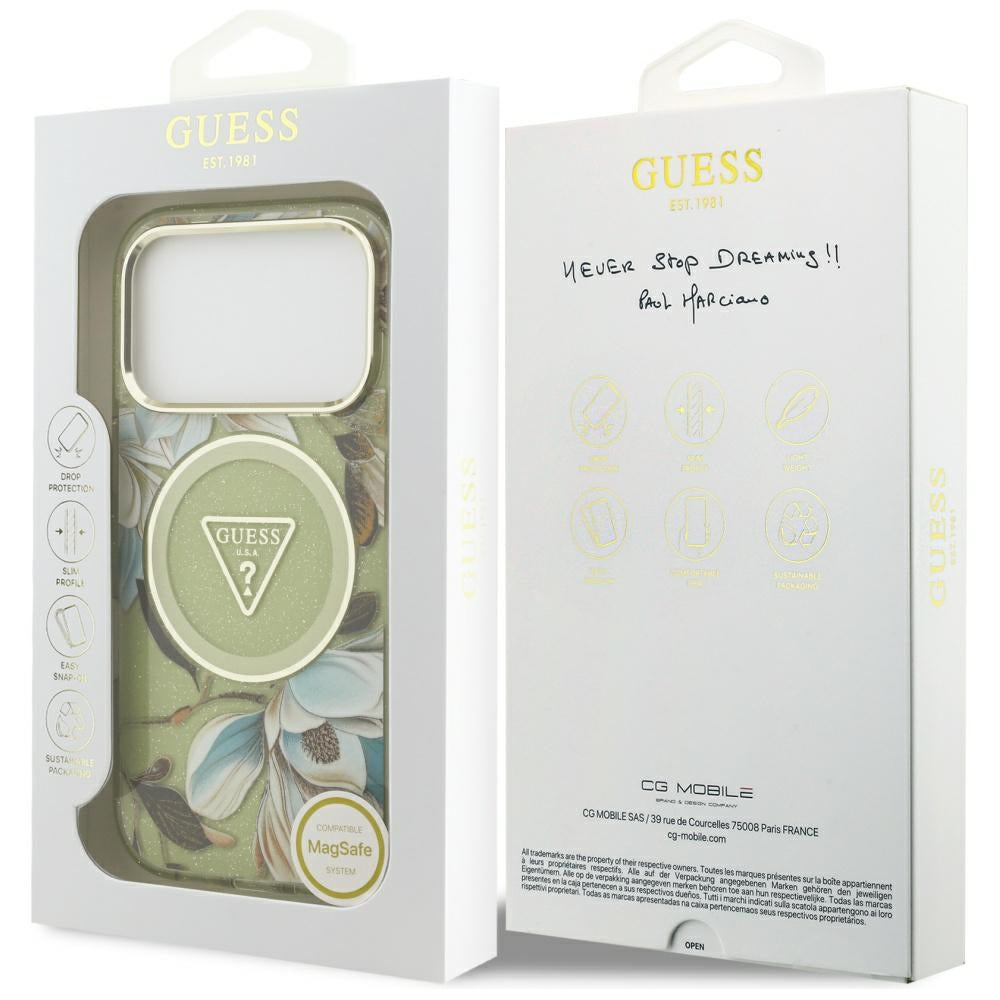 MagSafe tok Apple iPhone 17 Pro-hoz, Guess, IML Metal Glitter Flowers Triangle, Zöld