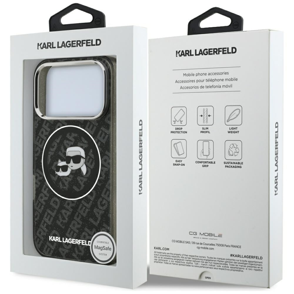MagSafe tok Apple iPhone 17 Pro-hoz, Karl Lagerfeld, Glitter Karl & Choupette Head, Fekete