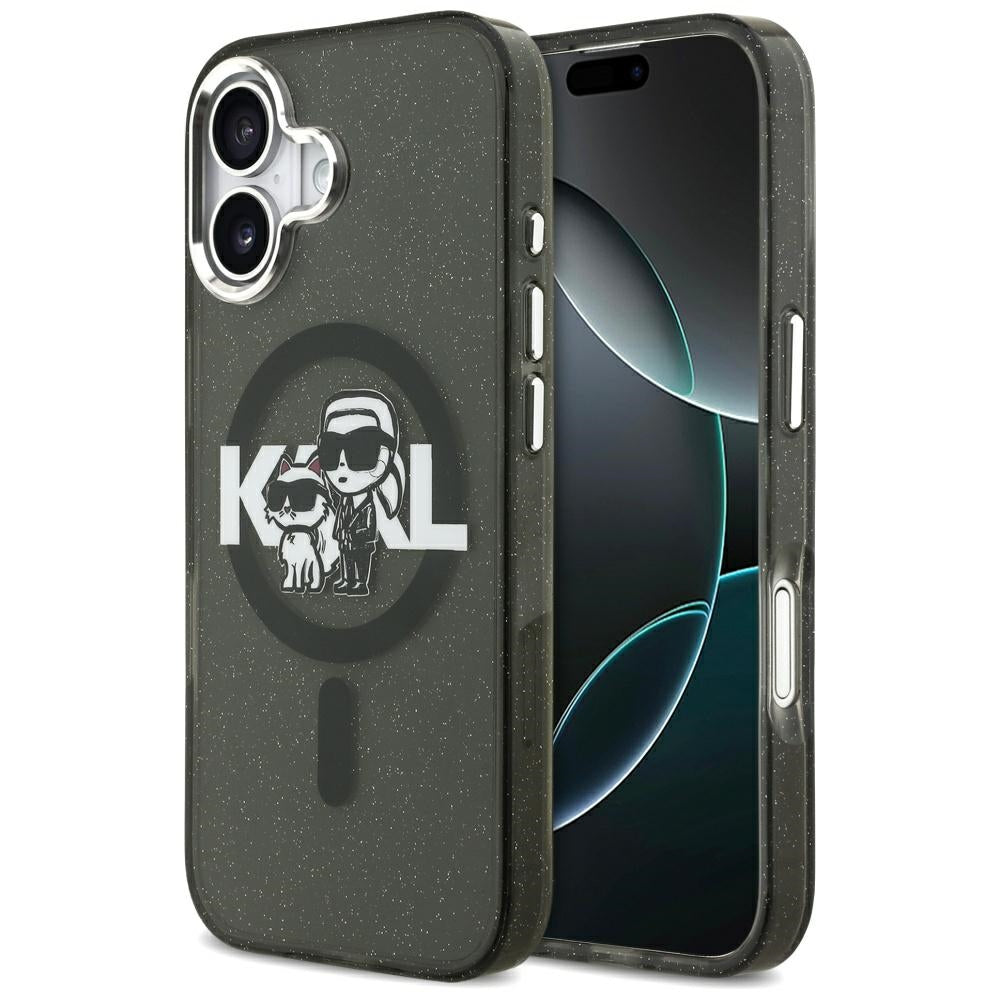 MagSafe Case for Apple iPhone 17 Pro, Karl Lagerfeld, IML Sketch Logo Glitter Karl & Choupette, Black