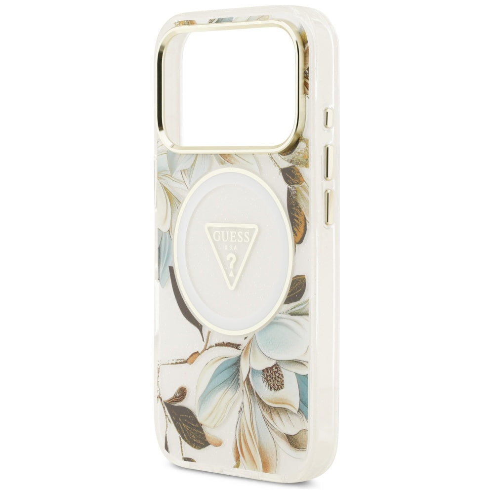 MagSafe tok Apple iPhone 17 Pro Max-hoz, Guess, IML Metal Glitter Flowers Triangle, Fehér