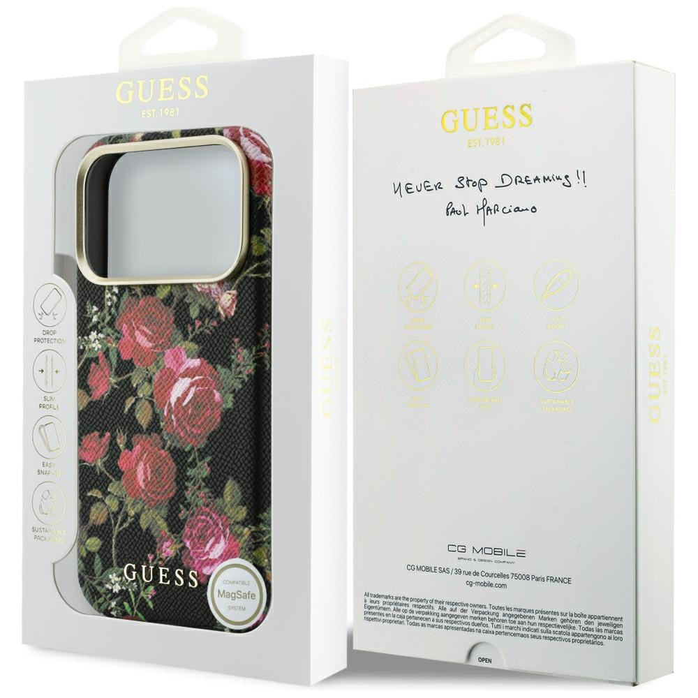 MagSafe tok Apple iPhone 18 Pro / 17 Pro készülékhez, Guess, Blossom Roses Print, fekete