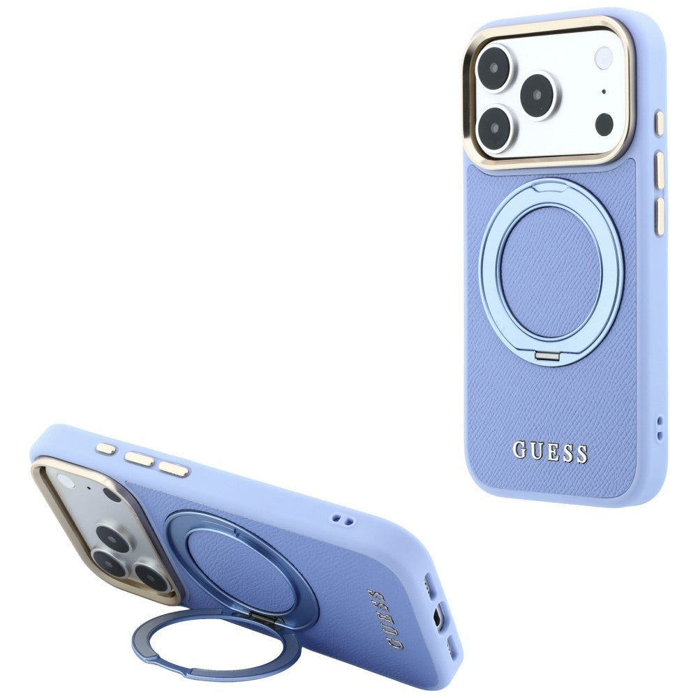 MagSafe tok Apple iPhone 18 Pro / 17 Pro készülékhez, Guess Grained Ring Stand 360 Classic, kék