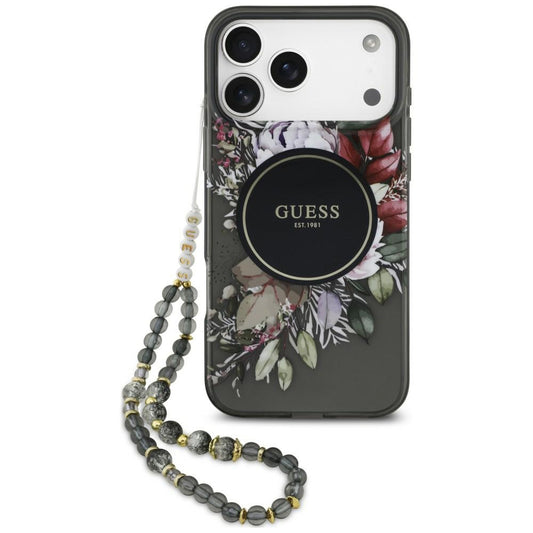 MagSafe tok Apple iPhone 18 Pro / 17 Pro készülékhez, Guess, IML Flowers with Pearl Strap, fekete