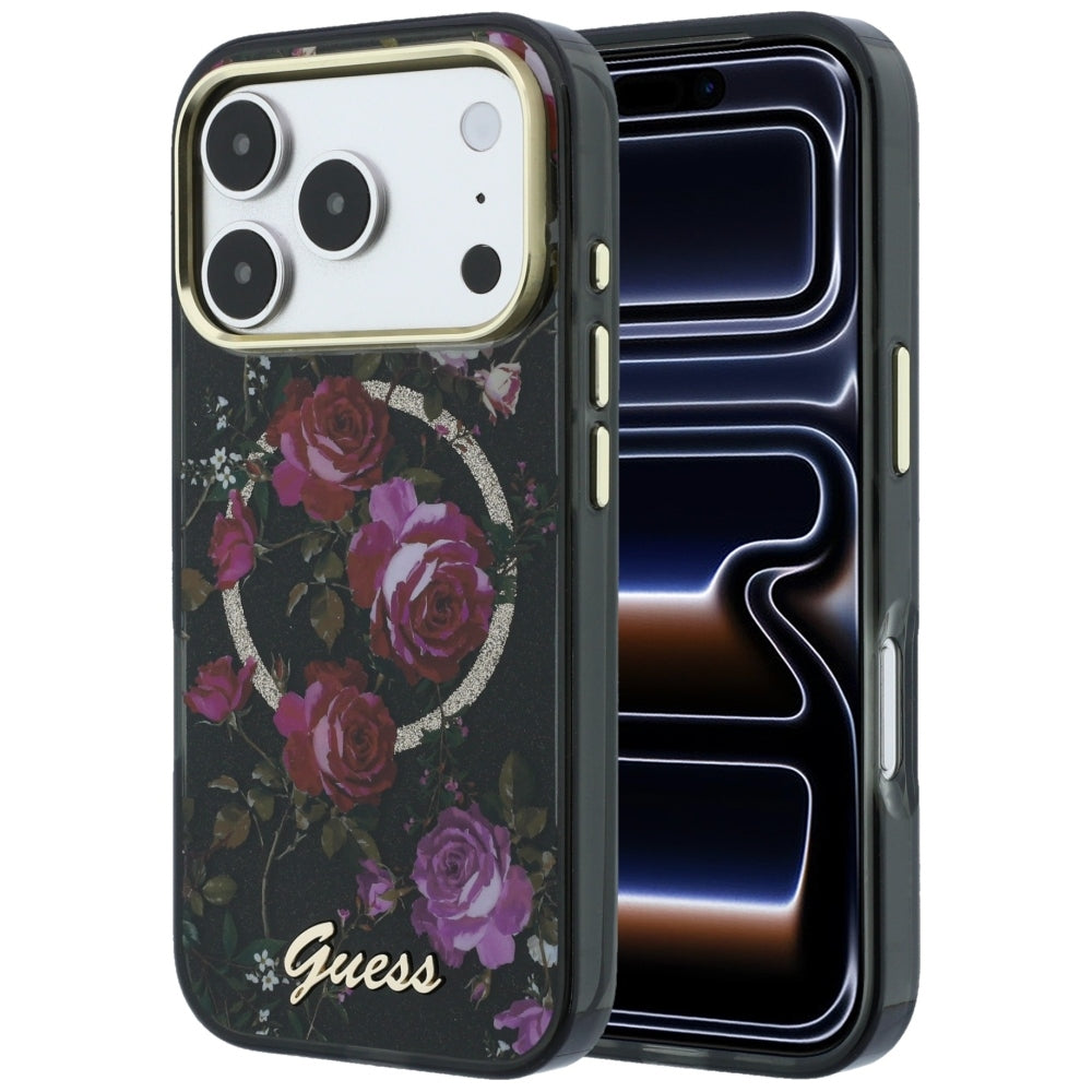 MagSafe tok Apple iPhone 18 Pro / 17 Pro készülékhez, Guess, IML Glitter Blossom Roses, Fekete
