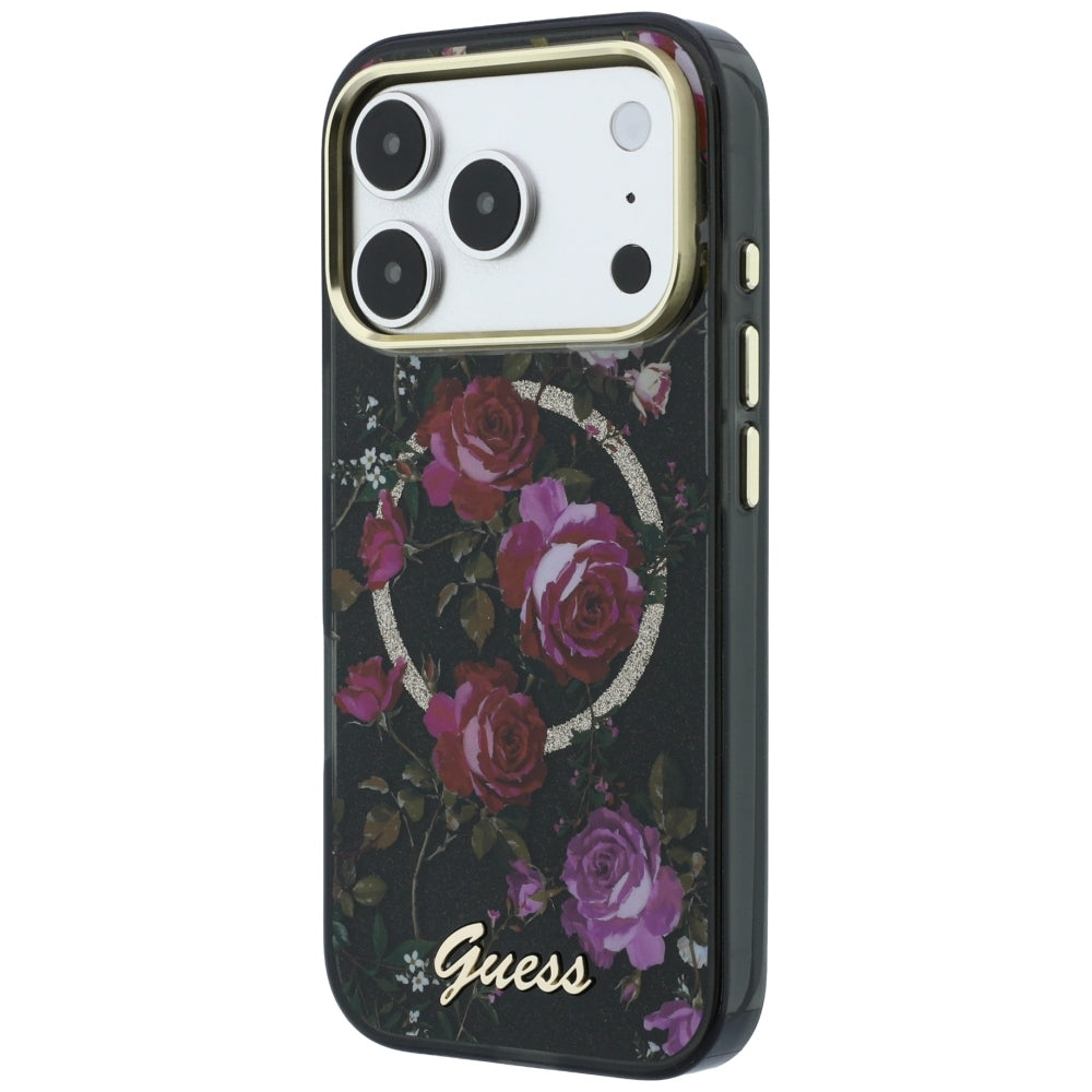 MagSafe tok Apple iPhone 18 Pro / 17 Pro készülékhez, Guess, IML Glitter Blossom Roses, Fekete