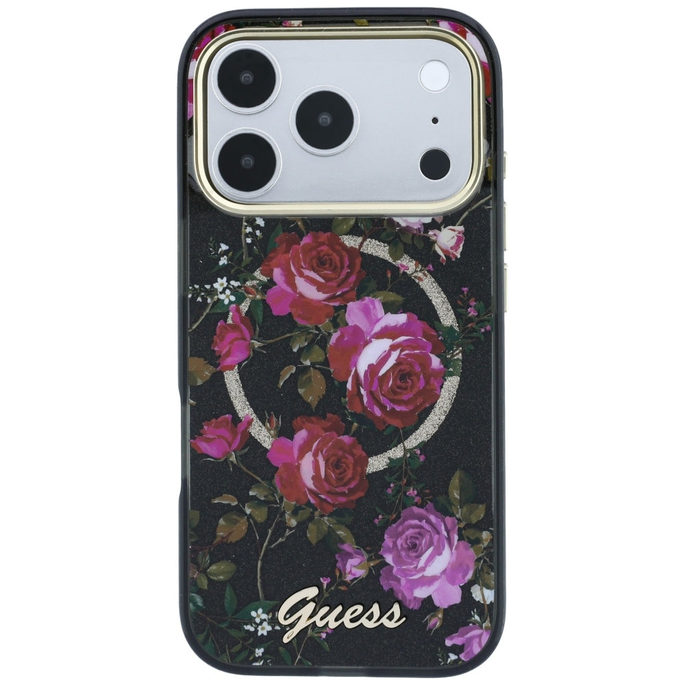 MagSafe tok Apple iPhone 18 Pro / 17 Pro készülékhez, Guess, IML Glitter Blossom Roses, Fekete
