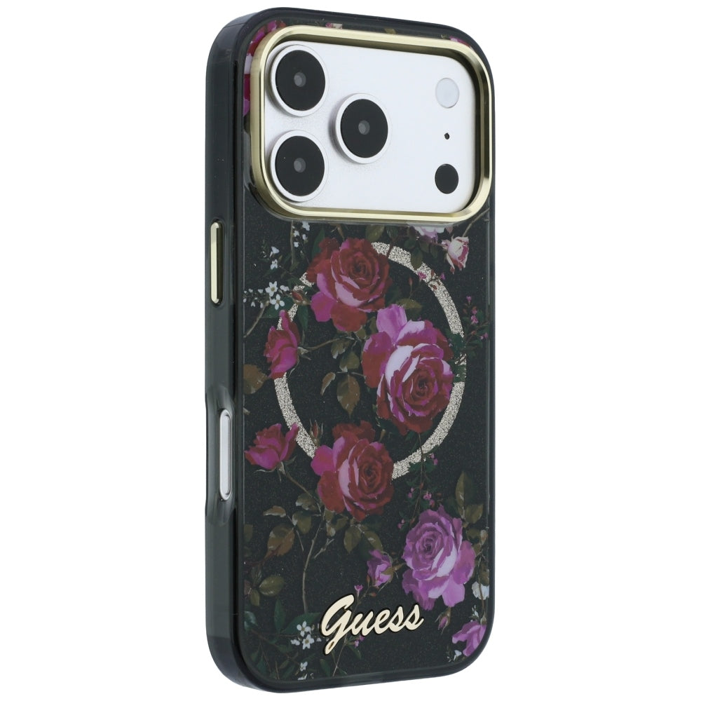 MagSafe tok Apple iPhone 18 Pro / 17 Pro készülékhez, Guess, IML Glitter Blossom Roses, Fekete