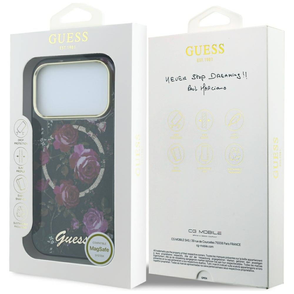 MagSafe tok Apple iPhone 18 Pro / 17 Pro készülékhez, Guess, IML Glitter Blossom Roses, Fekete