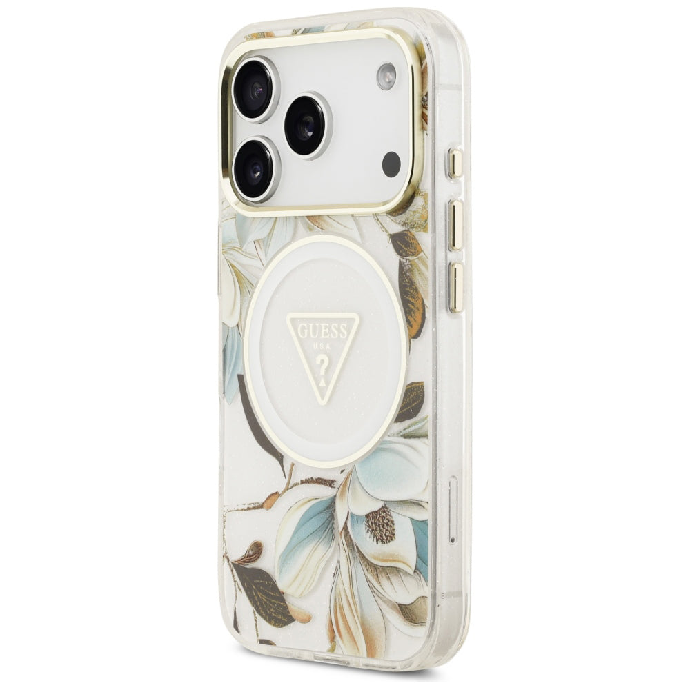 MagSafe tok Apple iPhone 18 Pro / 17 Pro készülékhez, Guess, IML fém csillogó virágok háromszög, fehér