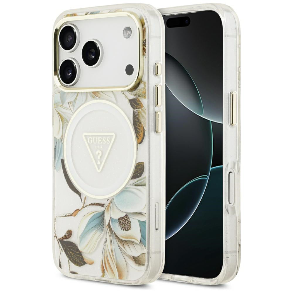 MagSafe tok Apple iPhone 18 Pro / 17 Pro készülékhez, Guess, IML fém csillogó virágok háromszög, fehér