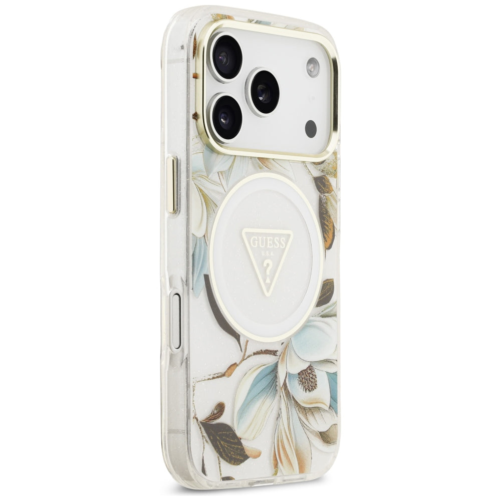 MagSafe tok Apple iPhone 18 Pro / 17 Pro készülékhez, Guess, IML fém csillogó virágok háromszög, fehér