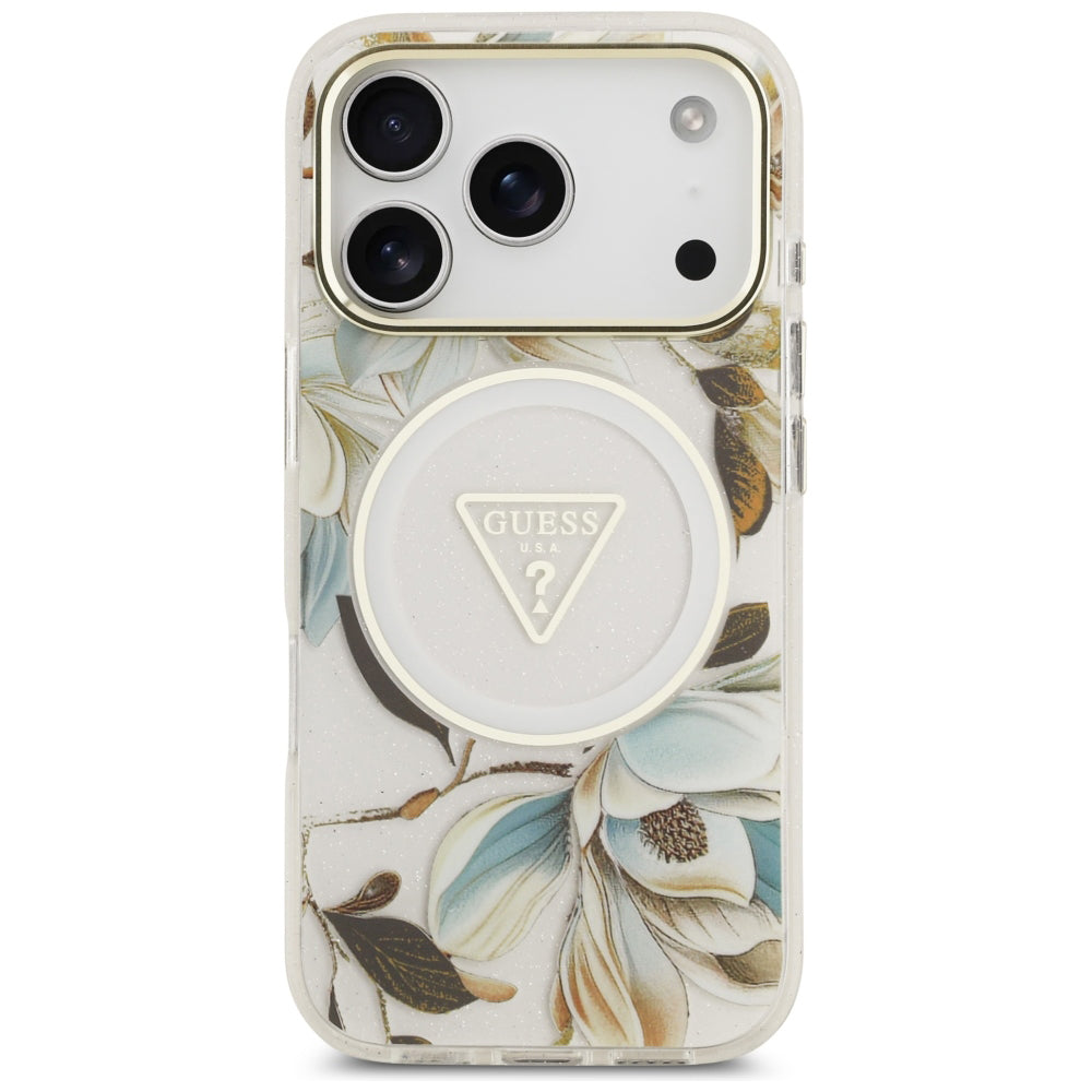 MagSafe tok Apple iPhone 18 Pro / 17 Pro készülékhez, Guess, IML fém csillogó virágok háromszög, fehér