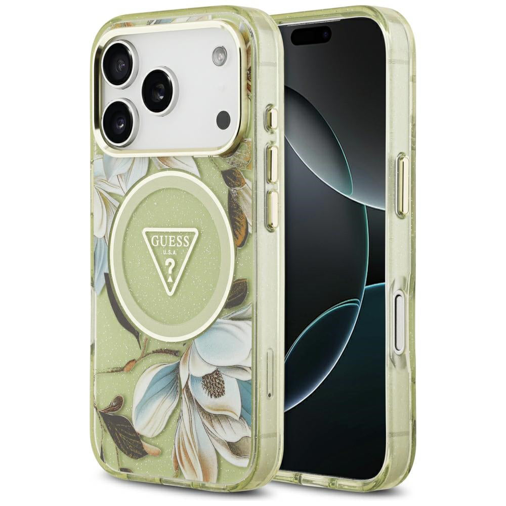 MagSafe tok Apple iPhone 18 Pro / 17 Pro készülékhez, Guess, IML fém csillogó virágok háromszög, zöld