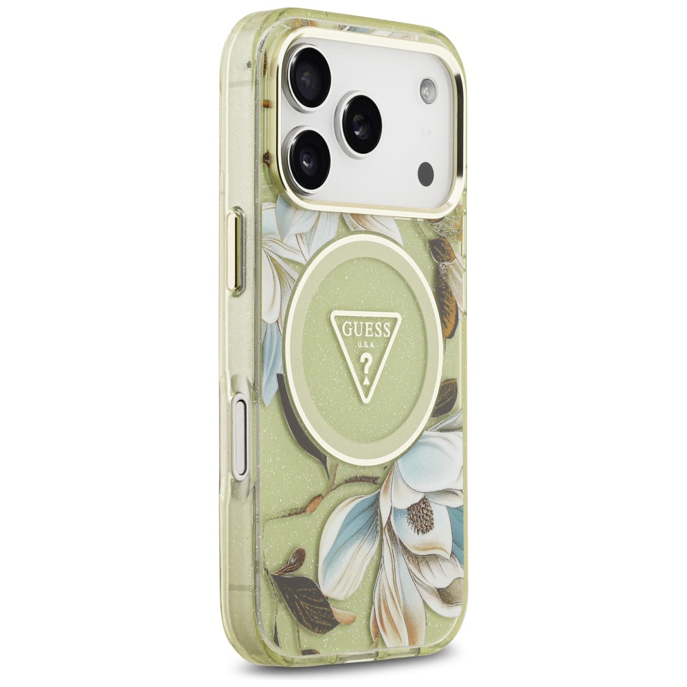 MagSafe tok Apple iPhone 18 Pro / 17 Pro készülékhez, Guess, IML fém csillogó virágok háromszög, zöld