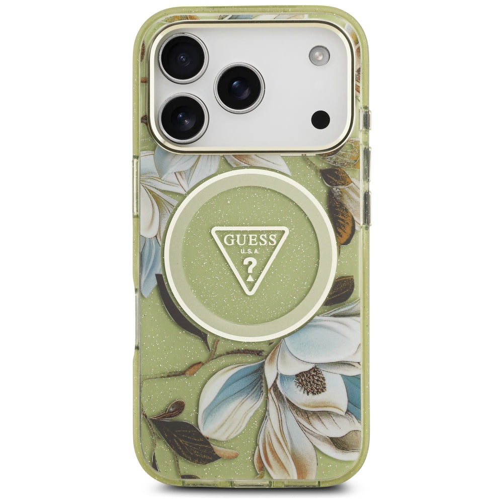 MagSafe tok Apple iPhone 18 Pro / 17 Pro készülékhez, Guess, IML fém csillogó virágok háromszög, zöld