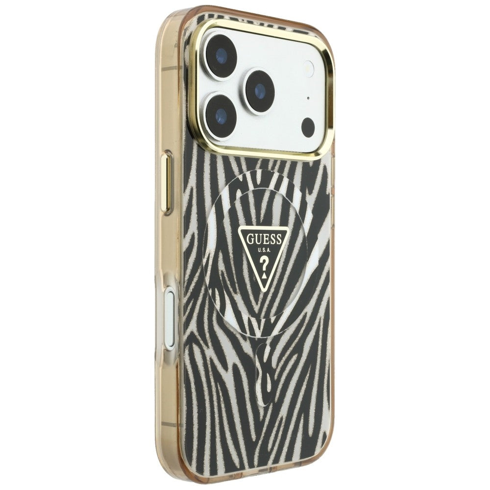 MagSafe tok Apple iPhone 18 Pro / 17 Pro készülékhez, Guess, Zebra csillogó háromszög logó, Arany