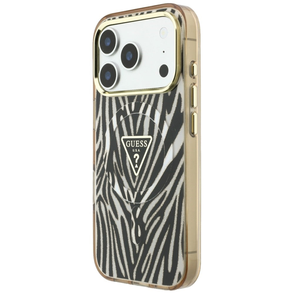 MagSafe tok Apple iPhone 18 Pro / 17 Pro készülékhez, Guess, Zebra csillogó háromszög logó, Arany