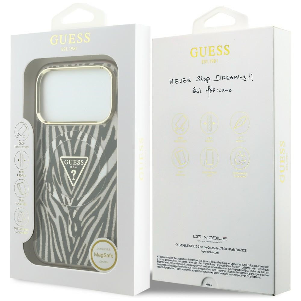 MagSafe tok Apple iPhone 18 Pro / 17 Pro készülékhez, Guess, Zebra csillogó háromszög logó, Arany