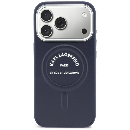 MagSafe tok Apple iPhone 18 Pro / 17 Pro készülékhez, Karl Lagerfeld, dombornyomott, nyitott gyűrűs RSG logóval, kék színben