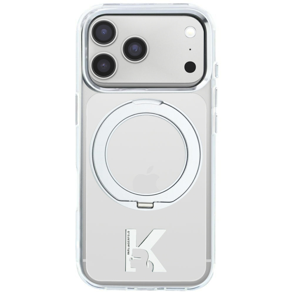 MagSafe tok Apple iPhone 18 Pro / 17 Pro készülékhez, Karl Lagerfeld, IML gyűrűs állvány Kameo fém, átlátszó