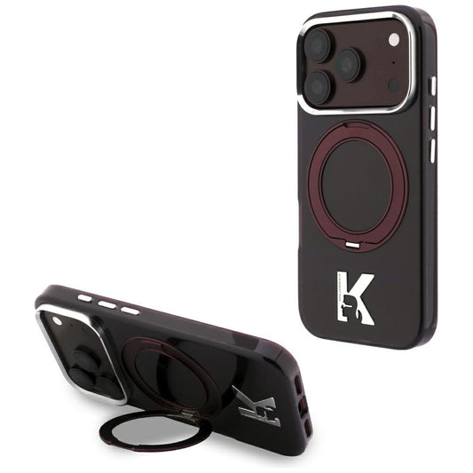MagSafe tok Apple iPhone 18 Pro / 17 Pro-hoz, Karl Lagerfeld, IML gyűrűs állvány Kameo fém, bordó