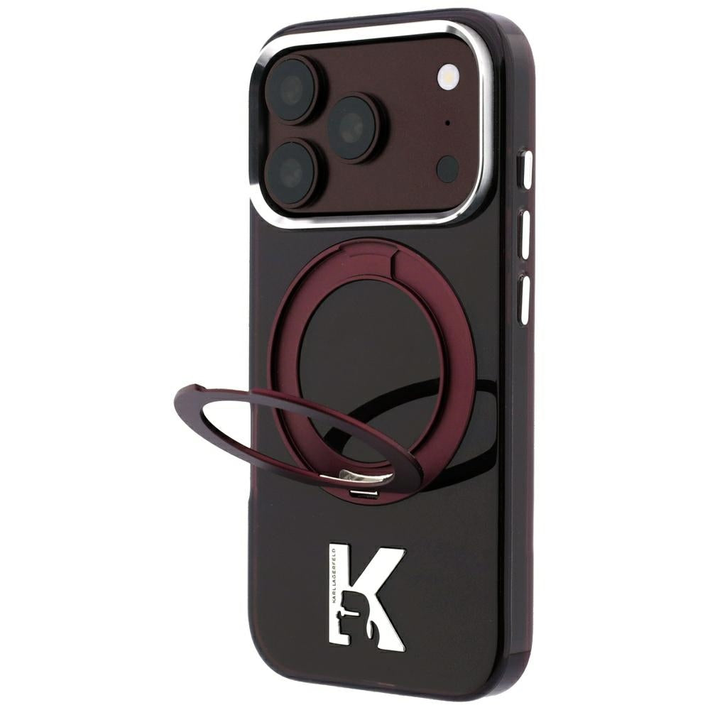 MagSafe tok Apple iPhone 18 Pro / 17 Pro-hoz, Karl Lagerfeld, IML gyűrűs állvány Kameo fém, bordó