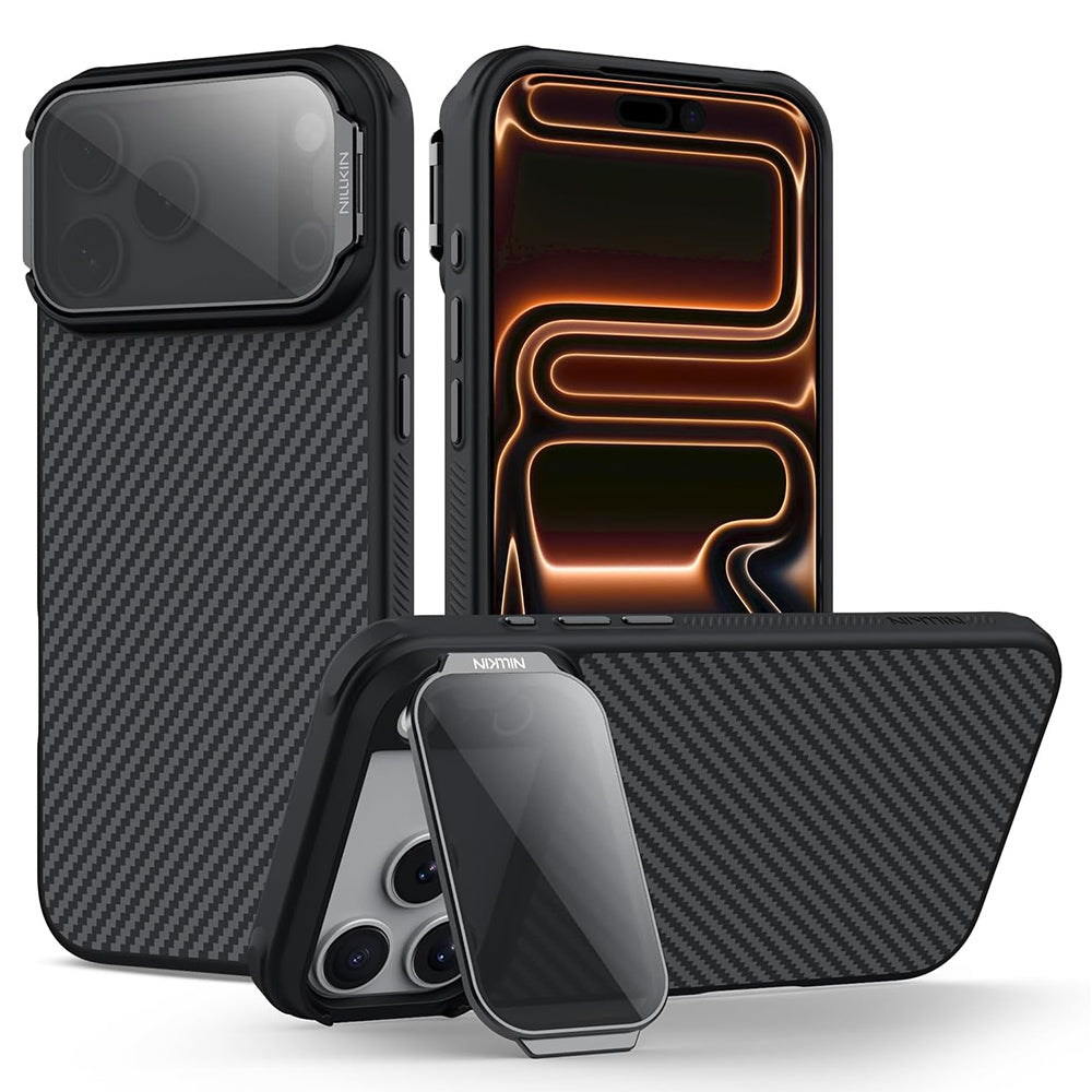 MagSafe tok Apple iPhone 18 Pro / 17 Pro-hoz, Nillkin, CarboProp átlátszó fekete lencsevédővel, fekete