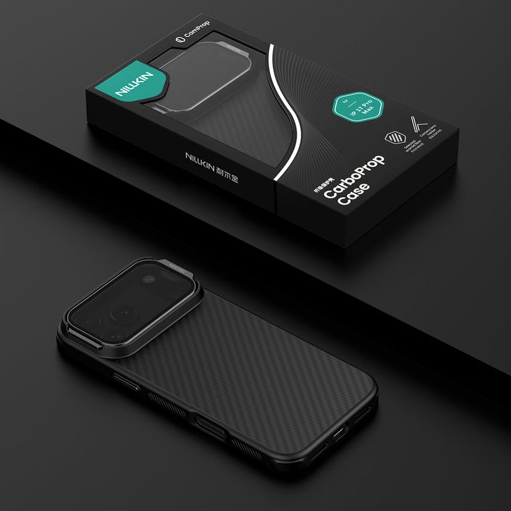 MagSafe tok Apple iPhone 18 Pro / 17 Pro-hoz, Nillkin, CarboProp átlátszó fekete lencsevédővel, fekete