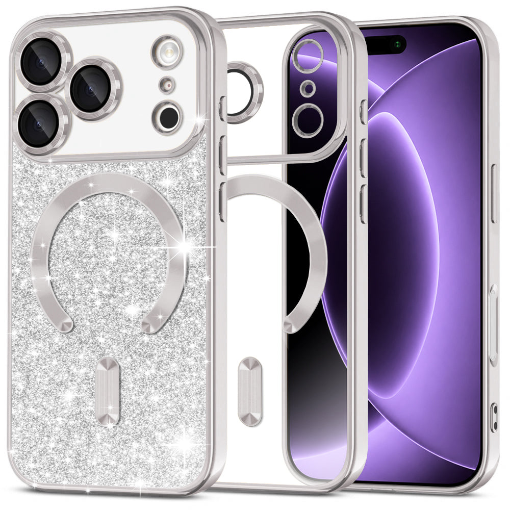 MagSafe tok Apple iPhone 18 Pro / 17 Pro-hoz, Techsuit, Luxury Glitter, Ezüst