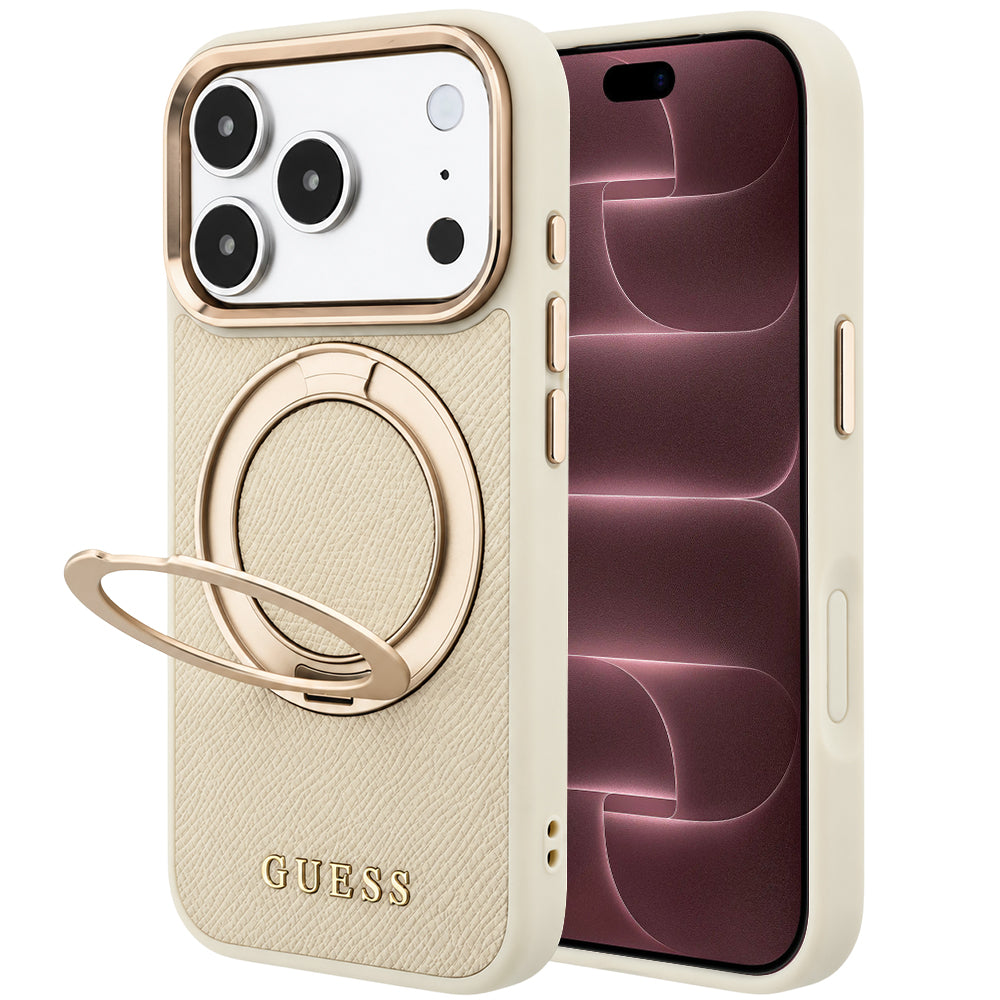 MagSafe Case for Apple iPhone 18 Pro Max / 17 Pro Max, Guess, Grained Ring Stand 360 Classic, Beige