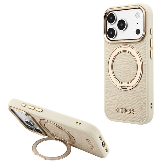 MagSafe tok Apple iPhone 18 Pro Max / 17 Pro Max készülékhez, Guess, Grained Ring Stand 360 Classic, Bézs