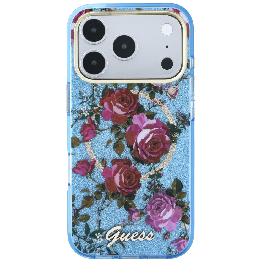 MagSafe tok Apple iPhone 18 Pro Max / 17 Pro Max készülékhez, Guess, IML Glitter Blossom Roses, Kék