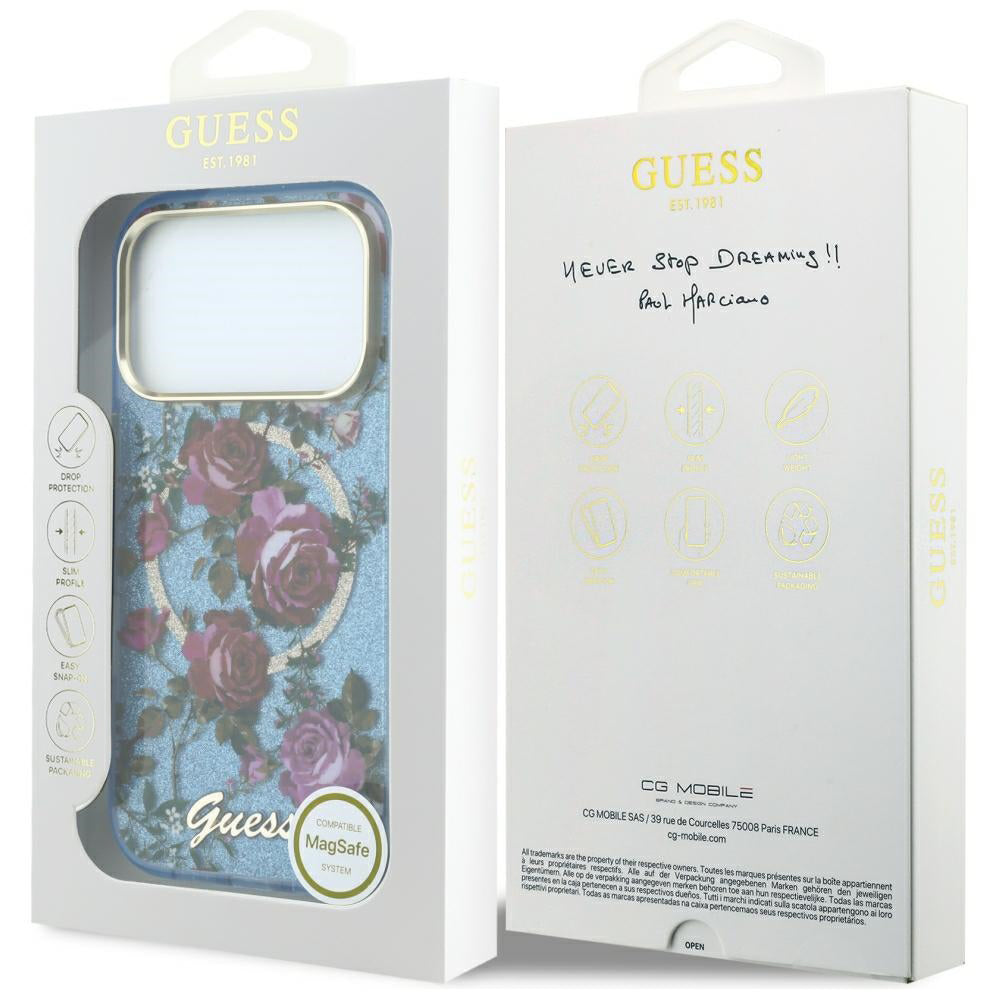 MagSafe tok Apple iPhone 18 Pro Max / 17 Pro Max készülékhez, Guess, IML Glitter Blossom Roses, Kék