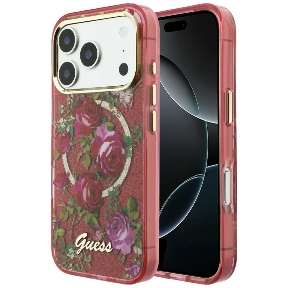 MagSafe tok Apple iPhone 18 Pro Max / 17 Pro Max készülékhez, Guess, IML Csillogó Virágzó Rózsák, Bordó