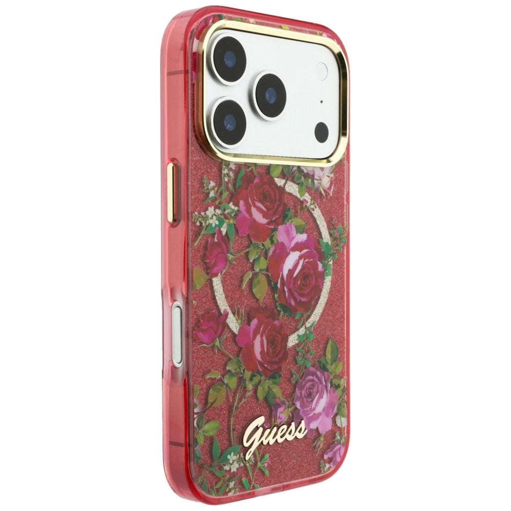 MagSafe tok Apple iPhone 18 Pro Max / 17 Pro Max készülékhez, Guess, IML Csillogó Virágzó Rózsák, Bordó
