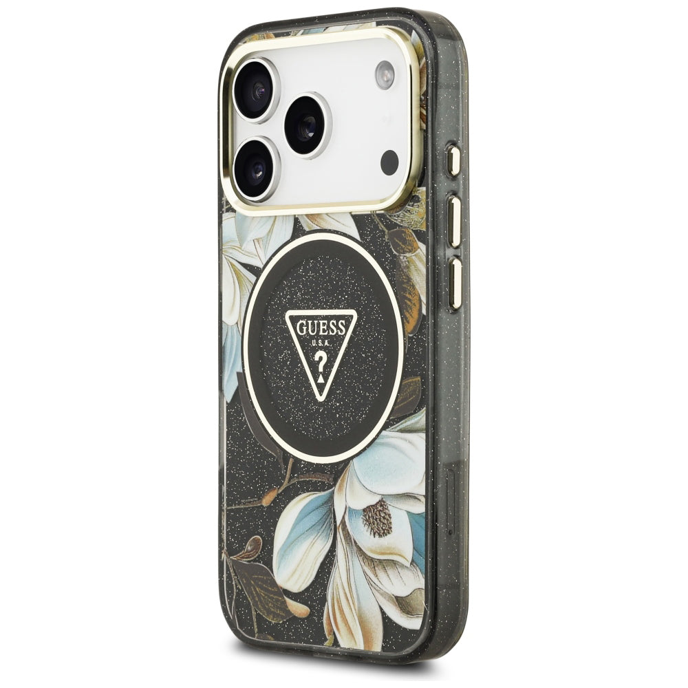 MagSafe tok Apple iPhone 18 Pro Max / 17 Pro Max készülékhez, Guess, IML Metal Glitter Flowers Triangle, fekete