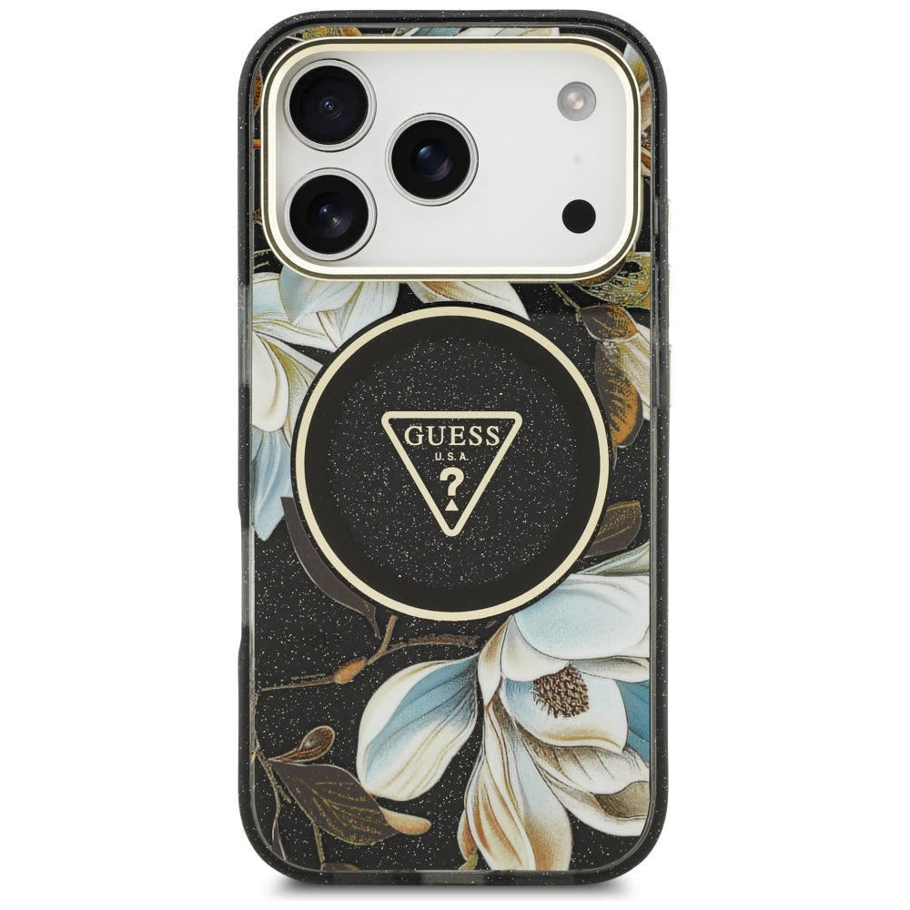 MagSafe tok Apple iPhone 18 Pro Max / 17 Pro Max készülékhez, Guess, IML Metal Glitter Flowers Triangle, fekete