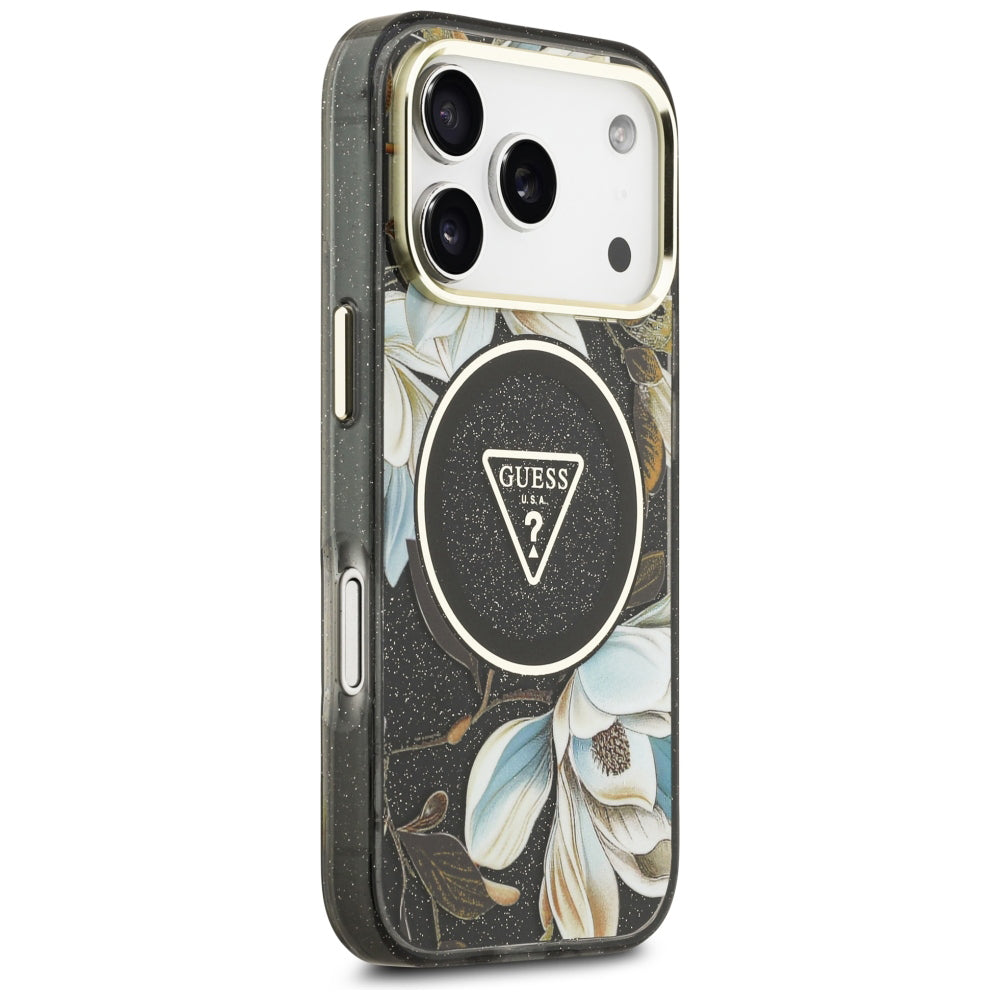 MagSafe tok Apple iPhone 18 Pro Max / 17 Pro Max készülékhez, Guess, IML Metal Glitter Flowers Triangle, fekete