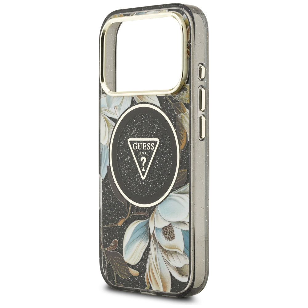 MagSafe tok Apple iPhone 18 Pro Max / 17 Pro Max készülékhez, Guess, IML Metal Glitter Flowers Triangle, fekete