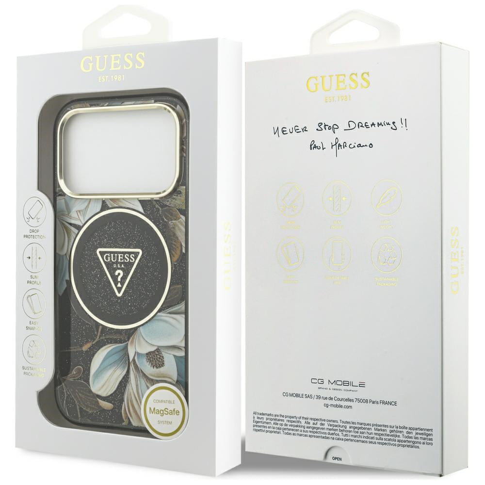MagSafe tok Apple iPhone 18 Pro Max / 17 Pro Max készülékhez, Guess, IML Metal Glitter Flowers Triangle, fekete